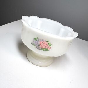 Vintage Milk Glass Pedestal Compote White Pink Roses Floral Scalloped Footed